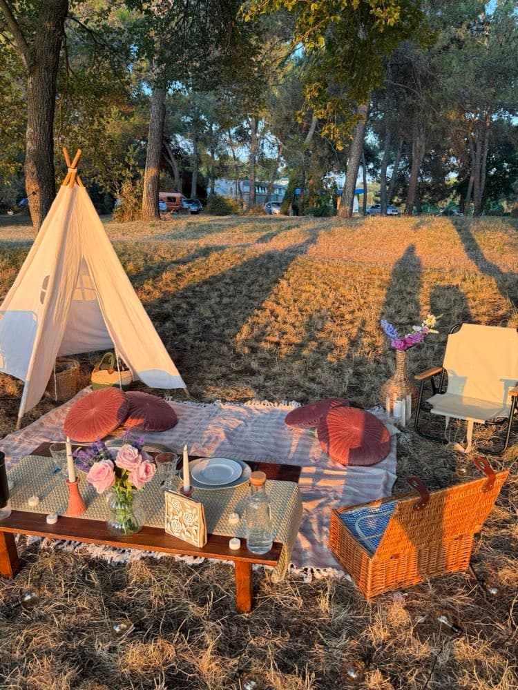 Niedriger Tisch mit Rosen und Kerzen, Samtkissen, Tipi und Picknickkorb auf trockenem Gras unter Kiefern