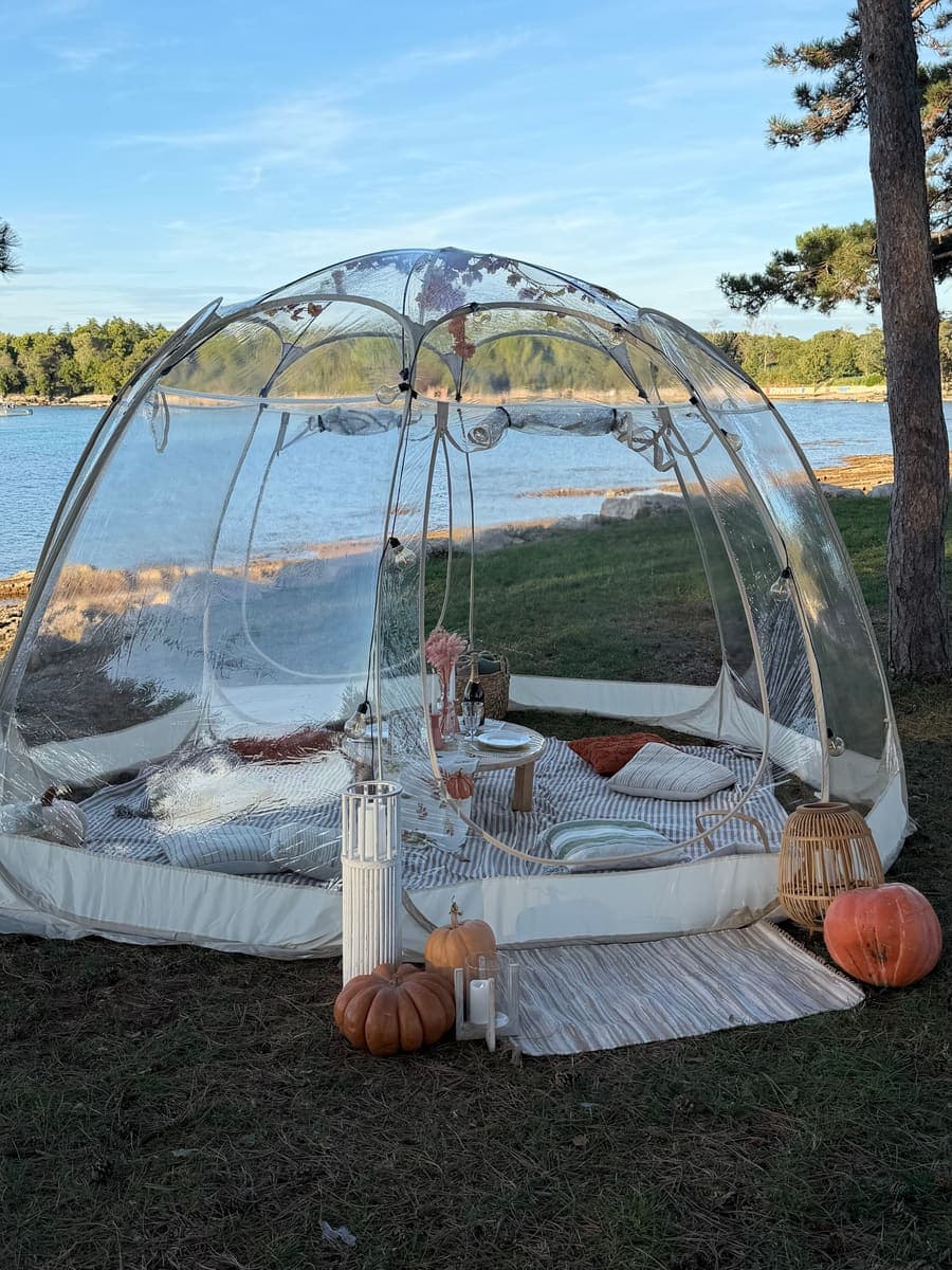 Transparente Iglu-Kuppel neben einer Kiefer am Ufer, innen Kissen und niedriger Tisch, Kürbisse am Eingang